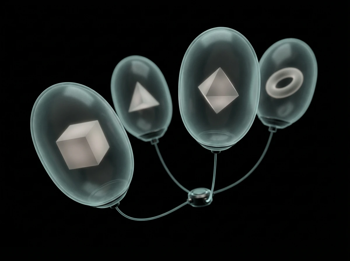 Isolated application containers floating within protective teal-gray barriers