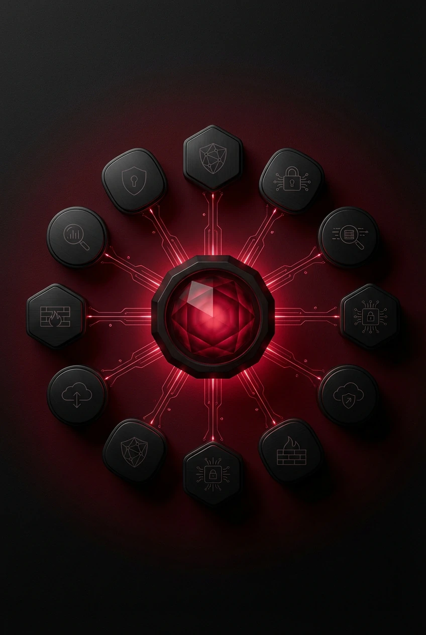 Overhead view of hexagonal tool modules orbiting a crimson-glowing core